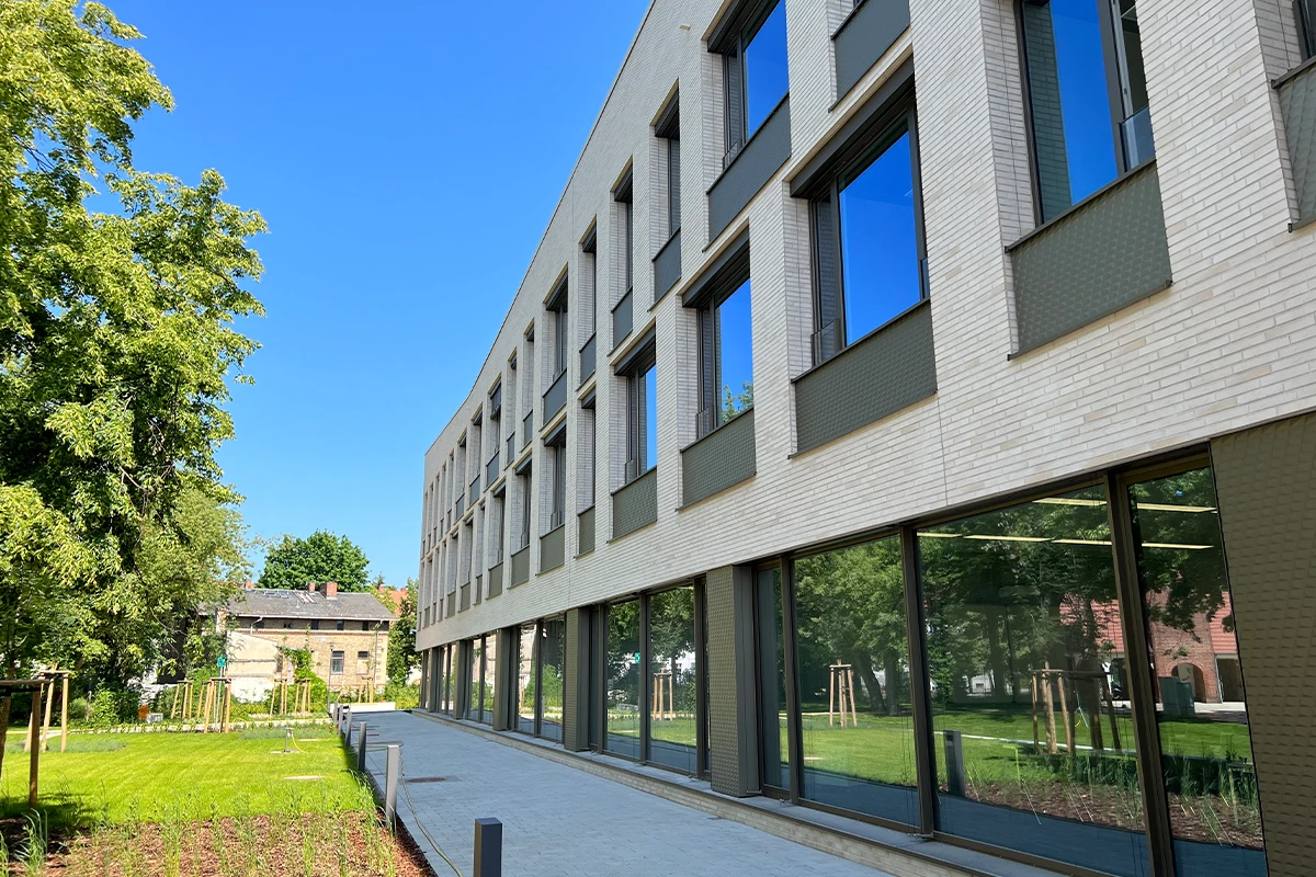 Seitliche Ansicht des Landessportbundes Potsdam mit heller Klinkerriemchen-Fassade, großen Glasflächen und begrüntem Außenbereich nach hochwertiger Fassadensanierung.